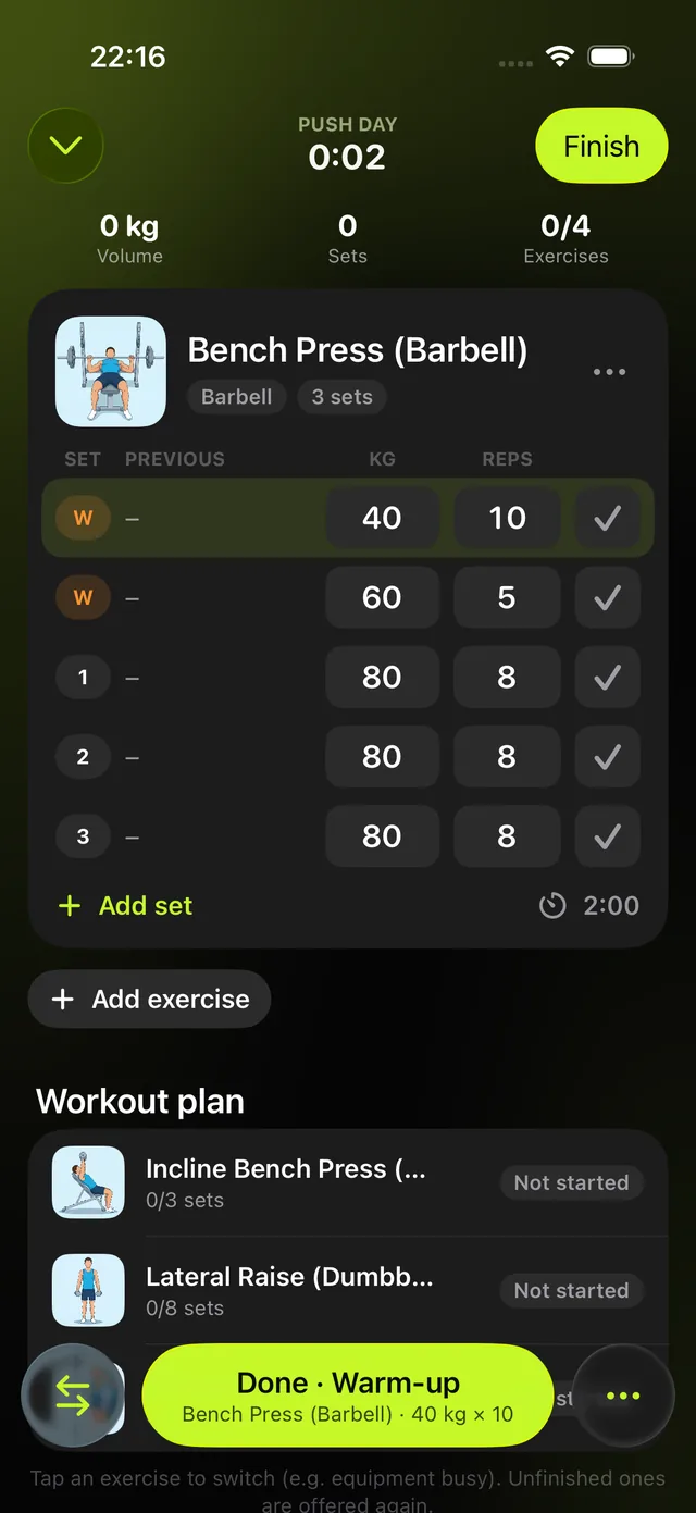 Live workout screen with the current set, weight and reps